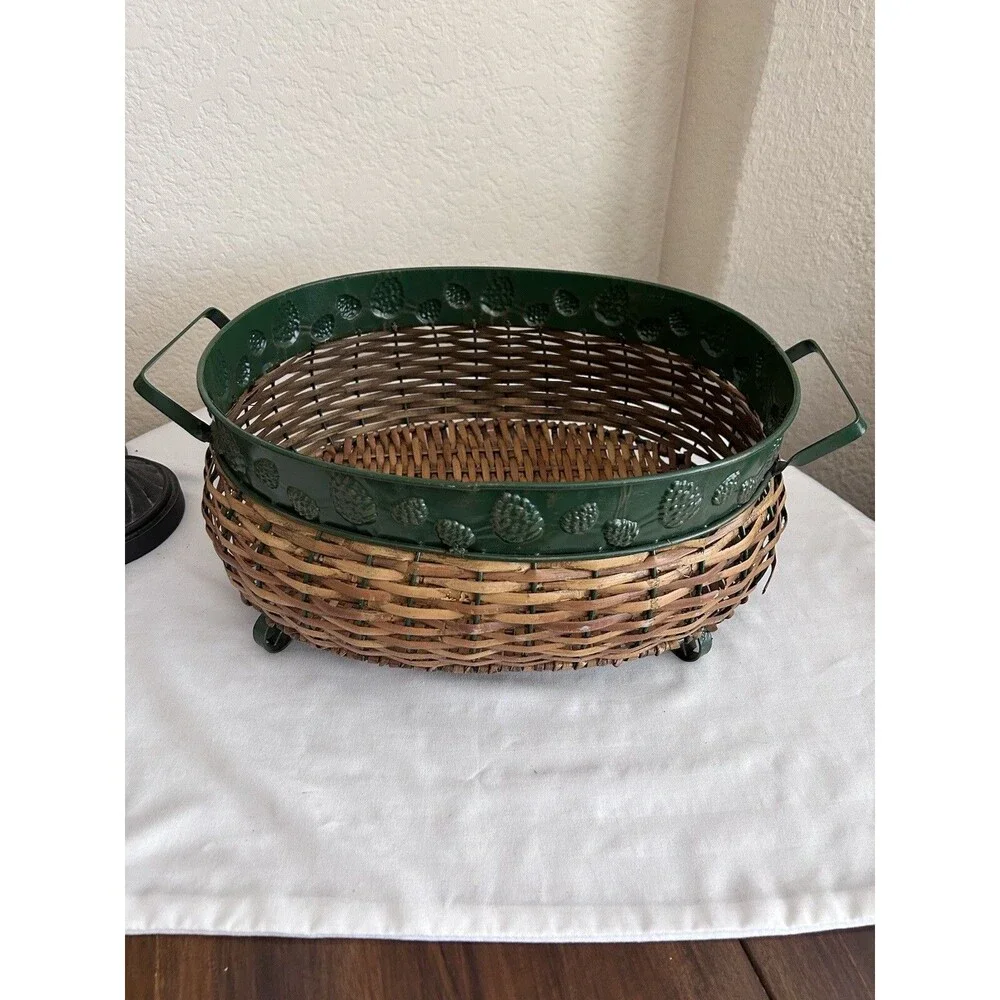 Vintage Wicker Oval Pine Cone Basket Green Metal Handles Stamped Pine Cones READ